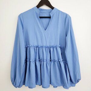 Shein Women's Medium Blue Baby Doll Style Pullover V-neck 3 Tiered Ruffled Top